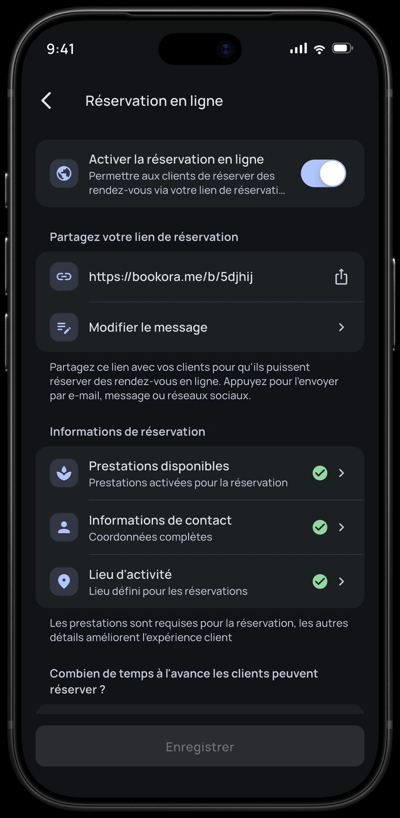 Paramètres de réservation